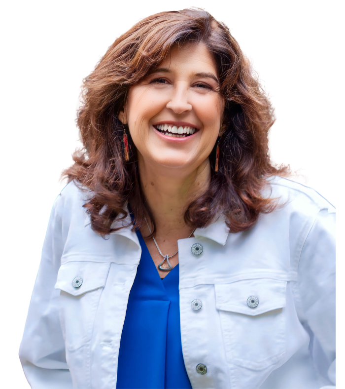 Lisa Merlo-Booth Smiling in a white jacket Coaching for bold, healthy communication